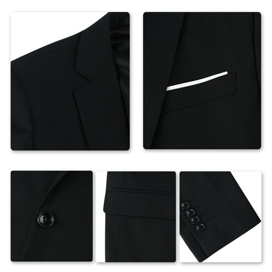 Black # Men's one-button casual blazer with flat collar and single-breasted closure, stylish black sport coat jacket with premium polyester viscose blend fabric and environmental protection buttons for business, office, wedding and daily wear, isolated on white background.