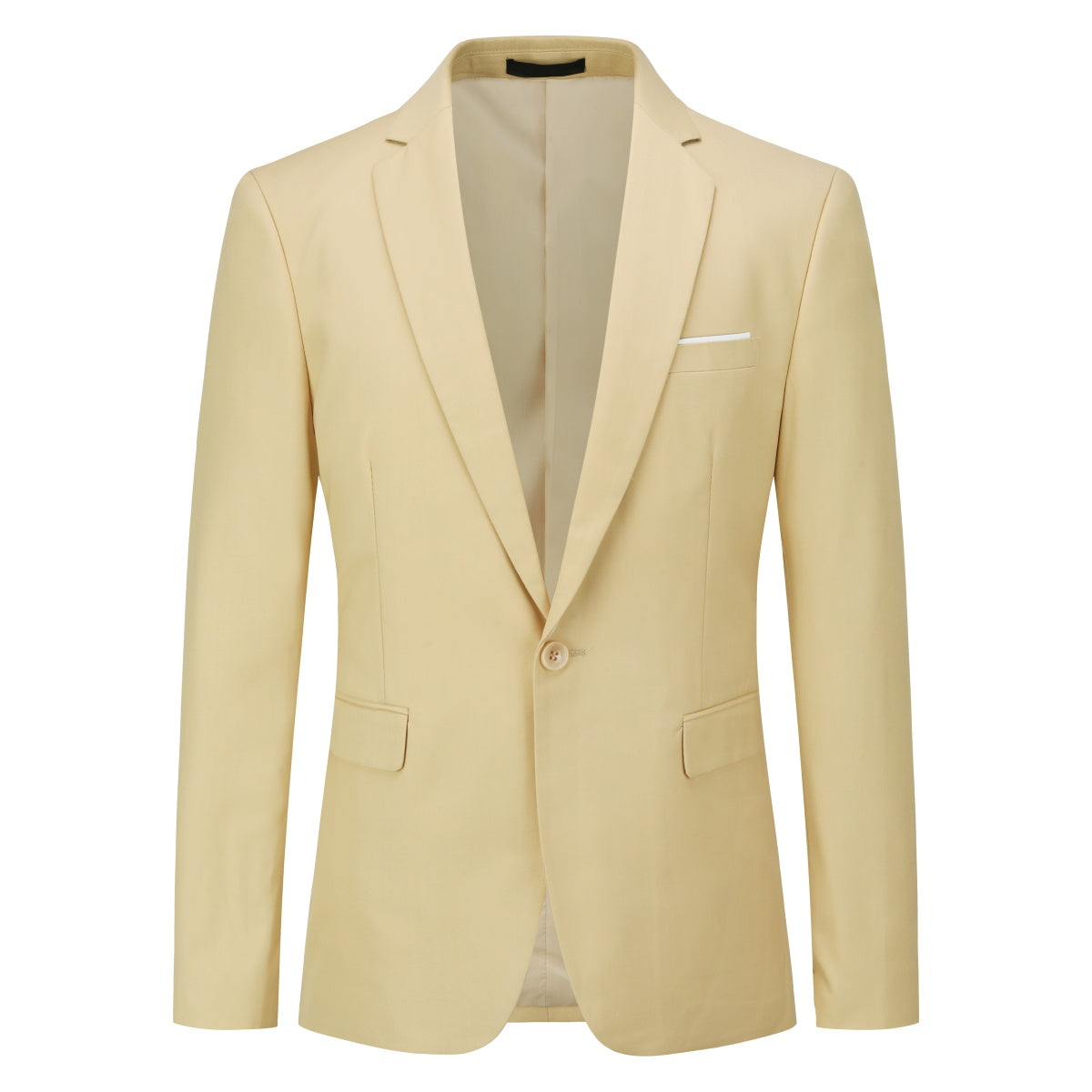 Khaki # Men's one-button casual blazer with flat collar and single-breasted closure, stylish solid khaki sport coat jacket with premium polyester viscose blend fabric and环保 buttons for daily business, office, wedding and party wear, isolated on white background.