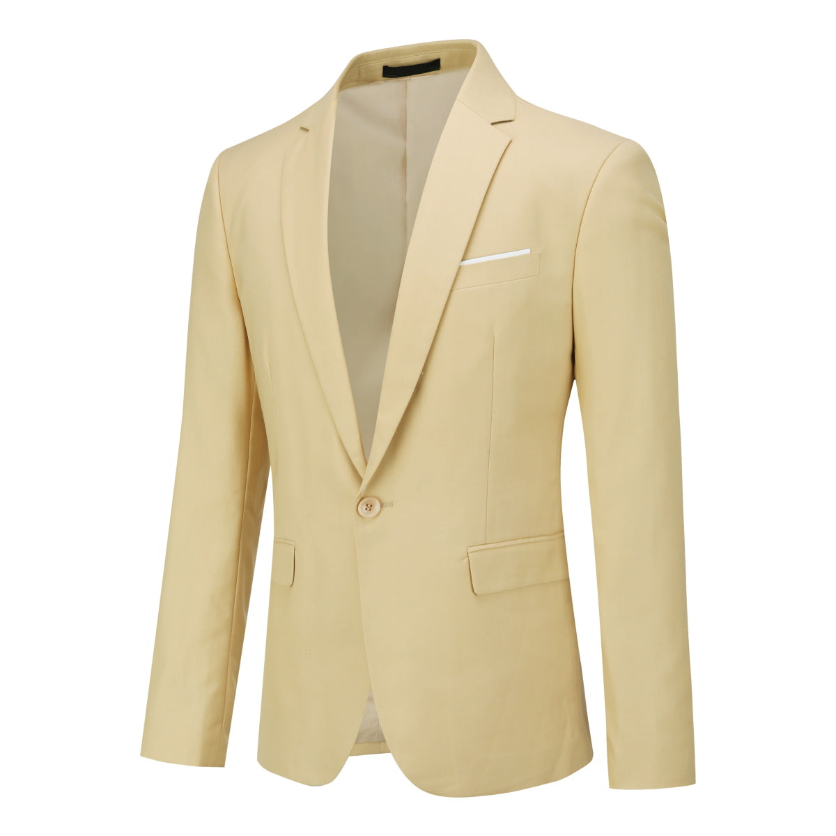 Khaki # Men's one-button casual blazer with flat collar and single-breasted closure, stylish solid khaki sport coat jacket with premium polyester viscose blend fabric and环保 buttons for daily business, office, wedding and party wear, isolated on white background.