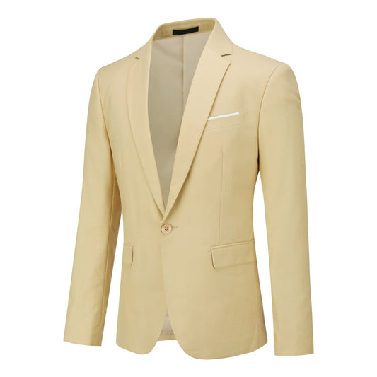 Khaki # Men's one-button casual blazer with flat collar and single-breasted closure, stylish solid khaki sport coat jacket with premium polyester viscose blend fabric and环保 buttons for daily business, office, wedding and party wear, isolated on white background.