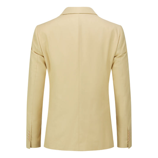 Khaki # Men's one-button casual blazer with flat collar and single-breasted closure, stylish solid khaki sport coat jacket with premium polyester viscose blend fabric and环保 buttons for daily business, office, wedding and party wear, isolated on white background.