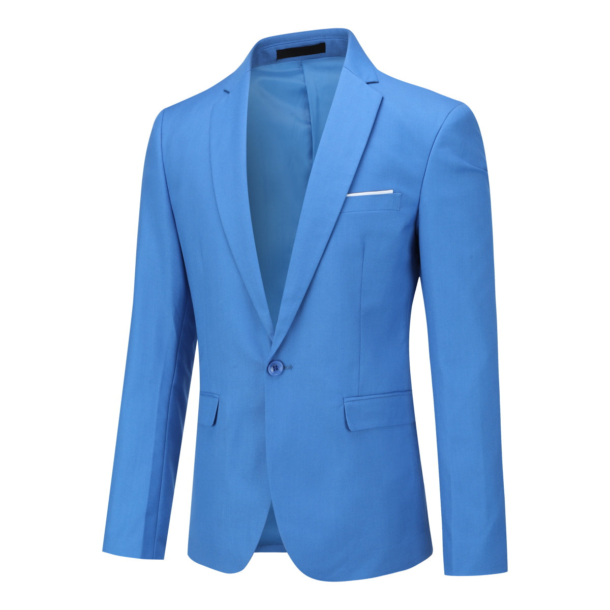 Light Blue # Men's one-button casual blazer with flat collar and single-breasted closure, stylish light blue sport coat jacket with premium polyester viscose blend fabric for daily business, office, wedding and party wear, isolated on white background.