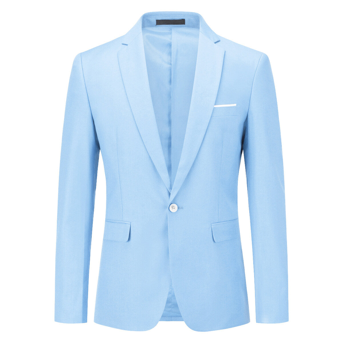 Sky Blue # Men's one-button casual blazer with flat collar and single-breasted closure, stylish solid sky blue sport coat jacket with premium polyester viscose blend fabric for daily business, office, wedding and party wear, isolated on white background.