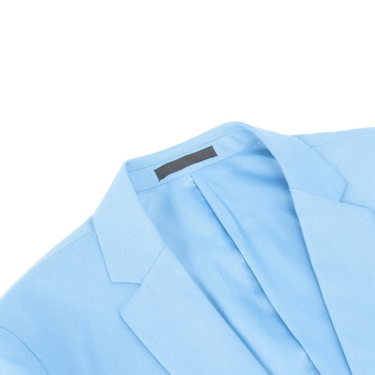 Sky Blue # Men's one-button casual blazer with flat collar and single-breasted closure, stylish solid sky blue sport coat jacket with premium polyester viscose blend fabric for daily business, office, wedding and party wear, isolated on white background.