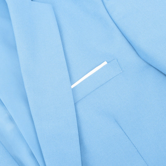 Sky Blue # Men's one-button casual blazer with flat collar and single-breasted closure, stylish solid sky blue sport coat jacket with premium polyester viscose blend fabric for daily business, office, wedding and party wear, isolated on white background.