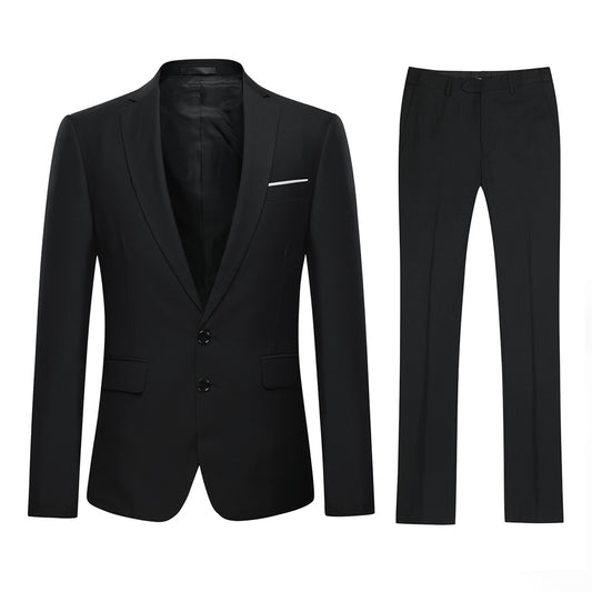 Black # Men's slim fit 2-piece suit with peaked lapel and two-button closure, solid black formal blazer jacket with four-button sleeve and matching flat-front trousers with extended waist strap, classic elegant business wear for office, wedding, prom and daily events, isolated on white background.