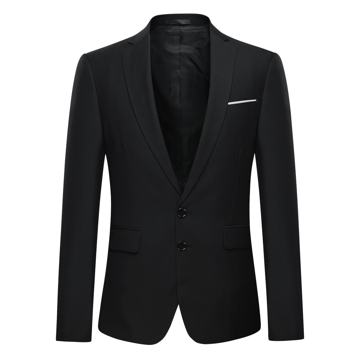 Black # Men's slim fit 2-piece suit with peaked lapel and two-button closure, solid black formal blazer jacket with four-button sleeve and matching flat-front trousers with extended waist strap, classic elegant business wear for office, wedding, prom and daily events, isolated on white background.
