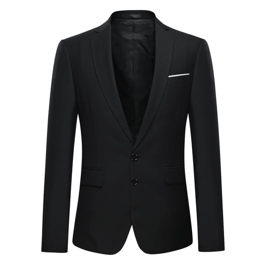 Black # Men's slim fit 2-piece suit with peaked lapel and two-button closure, solid black formal blazer jacket with four-button sleeve and matching flat-front trousers with extended waist strap, classic elegant business wear for office, wedding, prom and daily events, isolated on white background.