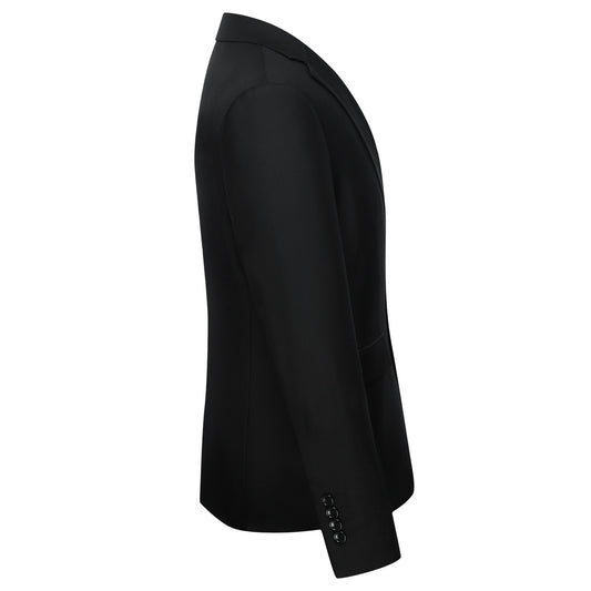 Black # Men's slim fit 2-piece suit with peaked lapel and two-button closure, solid black formal blazer jacket with four-button sleeve and matching flat-front trousers with extended waist strap, classic elegant business wear for office, wedding, prom and daily events, isolated on white background.