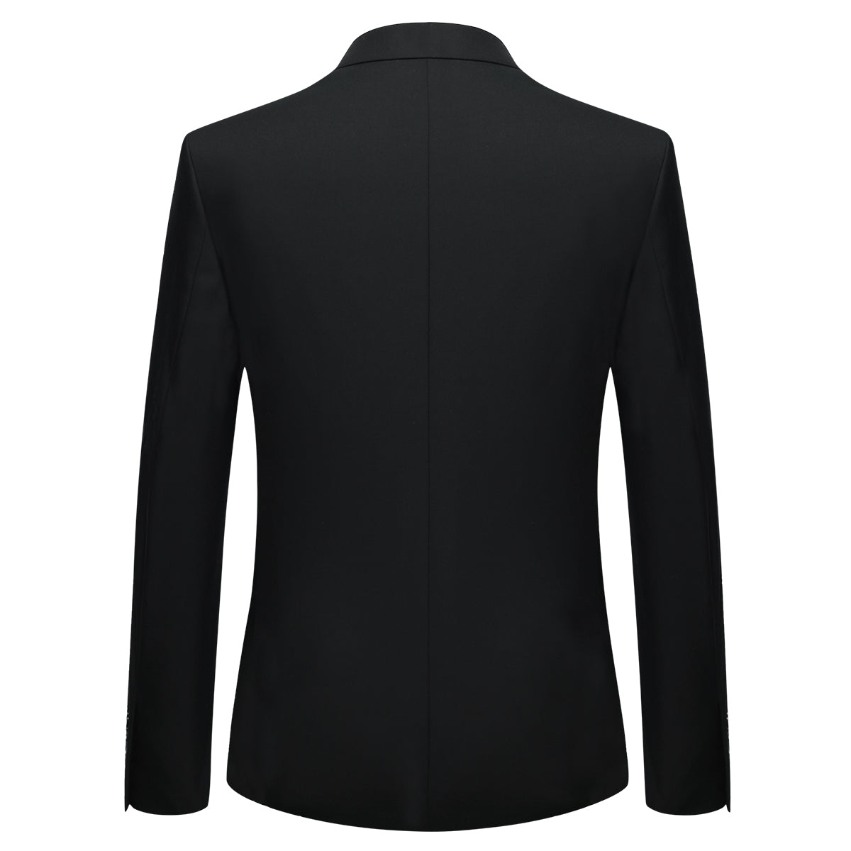 Black # Men's slim fit 2-piece suit with peaked lapel and two-button closure, solid black formal blazer jacket with four-button sleeve and matching flat-front trousers with extended waist strap, classic elegant business wear for office, wedding, prom and daily events, isolated on white background.