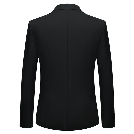 Black # Men's slim fit 2-piece suit with peaked lapel and two-button closure, solid black formal blazer jacket with four-button sleeve and matching flat-front trousers with extended waist strap, classic elegant business wear for office, wedding, prom and daily events, isolated on white background.