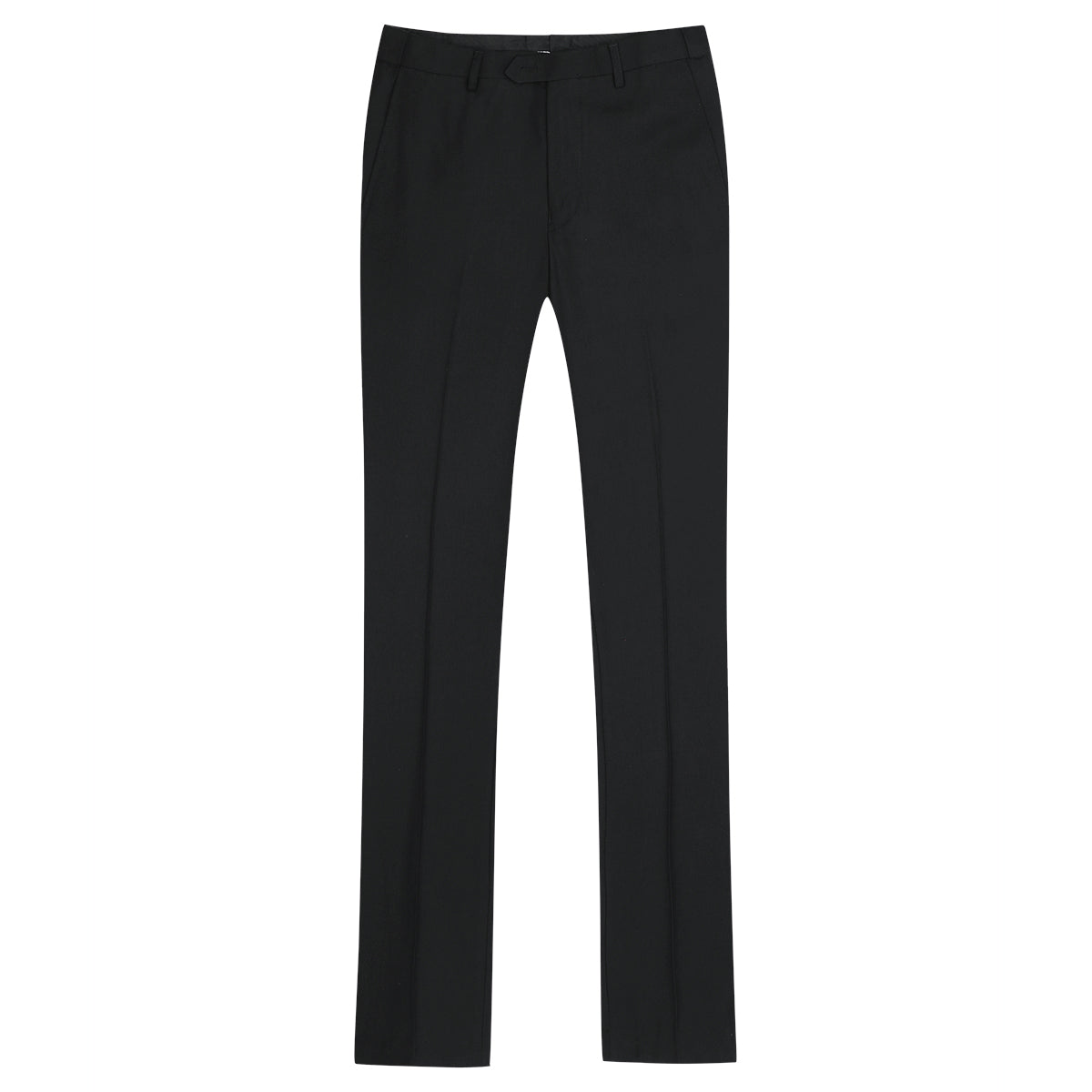 Black # Men's slim fit 2-piece suit with peaked lapel and two-button closure, solid black formal blazer jacket with four-button sleeve and matching flat-front trousers with extended waist strap, classic elegant business wear for office, wedding, prom and daily events, isolated on white background.