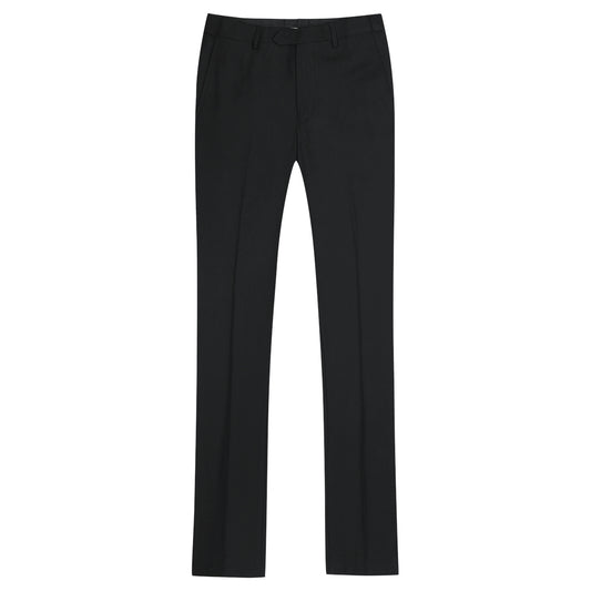 Black # Men's slim fit 2-piece suit with peaked lapel and two-button closure, solid black formal blazer jacket with four-button sleeve and matching flat-front trousers with extended waist strap, classic elegant business wear for office, wedding, prom and daily events, isolated on white background.