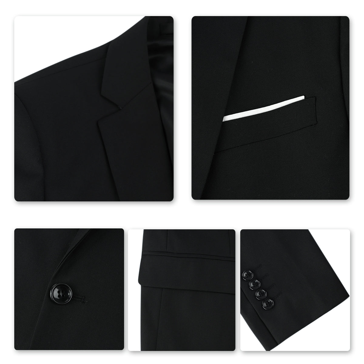 Black # Men's slim fit 2-piece suit with peaked lapel and two-button closure, solid black formal blazer jacket with four-button sleeve and matching flat-front trousers with extended waist strap, classic elegant business wear for office, wedding, prom and daily events, isolated on white background.