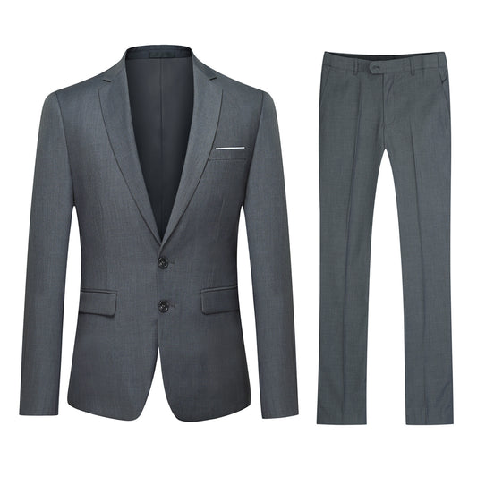 Grey # Men's slim fit 2-piece suit with peaked lapel and two-button closure, grey formal blazer jacket with four-button cuffs and matching flat-front trousers with extended waist strap, elegant polyester viscose blend suit for business, office, wedding and daily wear, isolated on white background.