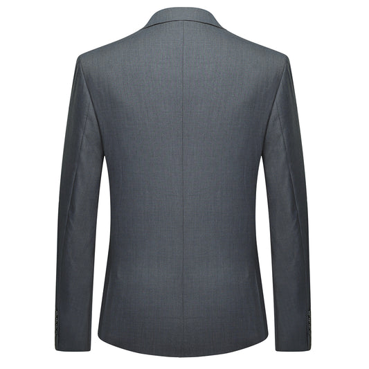 Grey # Men's slim fit 2-piece suit with peaked lapel and two-button closure, grey formal blazer jacket with four-button cuffs and matching flat-front trousers with extended waist strap, elegant polyester viscose blend suit for business, office, wedding and daily wear, isolated on white background.