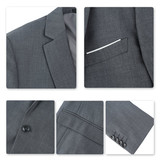 Grey # Men's slim fit 2-piece suit with peaked lapel and two-button closure, grey formal blazer jacket with four-button cuffs and matching flat-front trousers with extended waist strap, elegant polyester viscose blend suit for business, office, wedding and daily wear, isolated on white background.