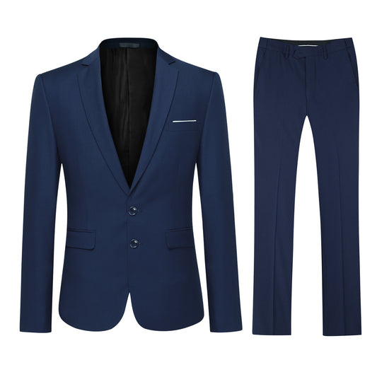 Navy # Men's slim fit 2-piece suit with peaked lapel and two-button closure, solid navy formal blazer jacket with four-button cuffs and matching flat-front trousers with extended waist strap, classic elegant business wear for office, wedding, prom and daily events, isolated on white background.
