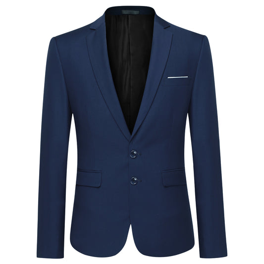 Navy # Men's slim fit 2-piece suit with peaked lapel and two-button closure, solid navy formal blazer jacket with four-button cuffs and matching flat-front trousers with extended waist strap, classic elegant business wear for office, wedding, prom and daily events, isolated on white background.
