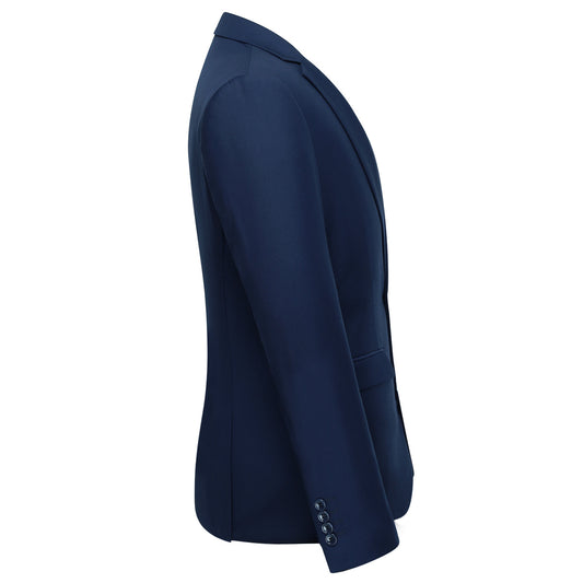 Navy # Men's slim fit 2-piece suit with peaked lapel and two-button closure, solid navy formal blazer jacket with four-button cuffs and matching flat-front trousers with extended waist strap, classic elegant business wear for office, wedding, prom and daily events, isolated on white background.