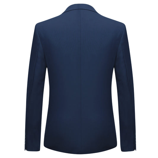 Navy # Men's slim fit 2-piece suit with peaked lapel and two-button closure, solid navy formal blazer jacket with four-button cuffs and matching flat-front trousers with extended waist strap, classic elegant business wear for office, wedding, prom and daily events, isolated on white background.