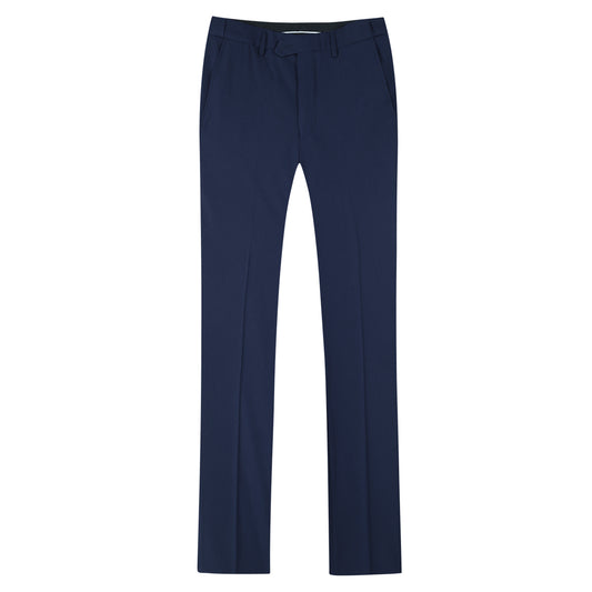 Navy # Men's slim fit 2-piece suit with peaked lapel and two-button closure, solid navy formal blazer jacket with four-button cuffs and matching flat-front trousers with extended waist strap, classic elegant business wear for office, wedding, prom and daily events, isolated on white background.