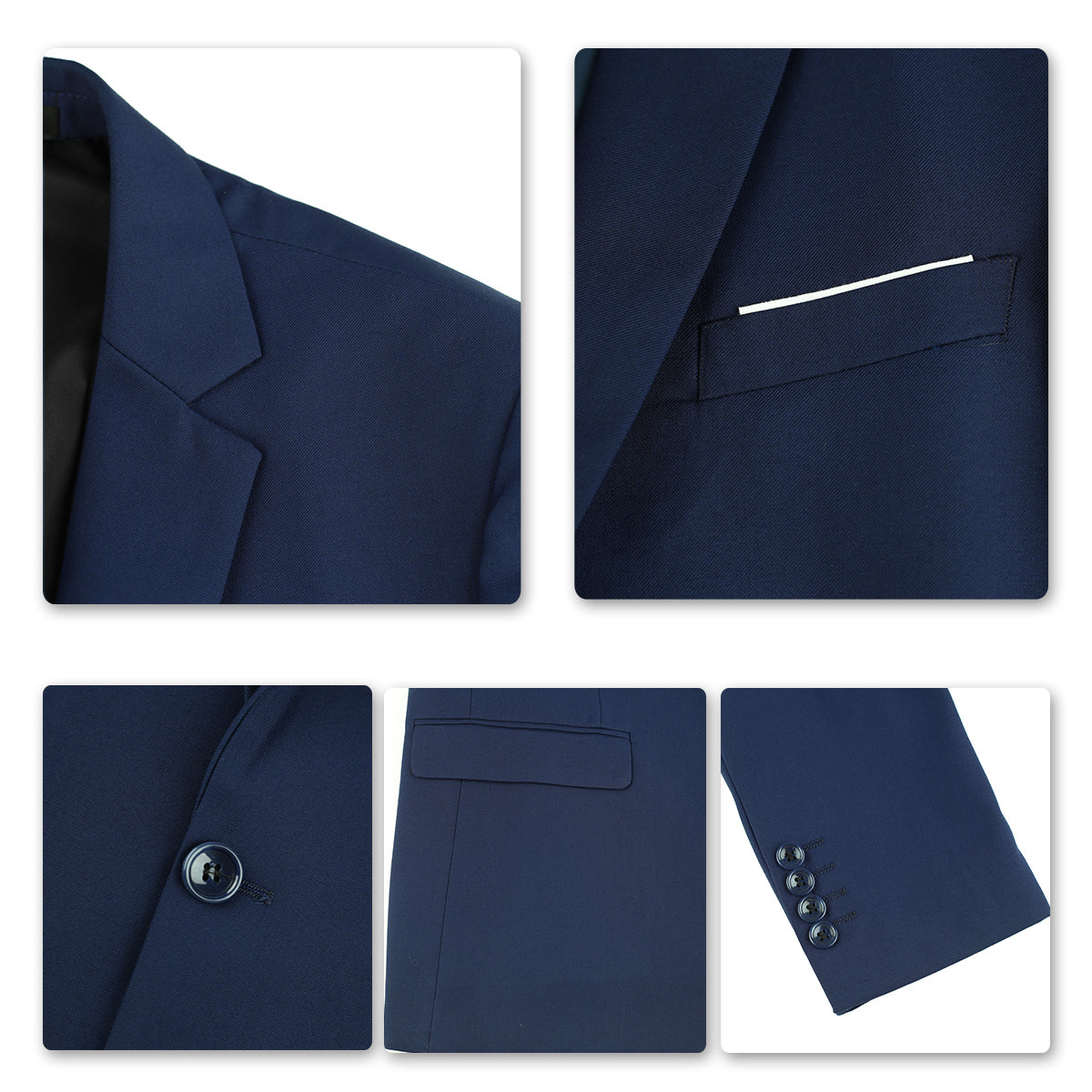 Navy # Men's slim fit 2-piece suit with peaked lapel and two-button closure, solid navy formal blazer jacket with four-button cuffs and matching flat-front trousers with extended waist strap, classic elegant business wear for office, wedding, prom and daily events, isolated on white background.