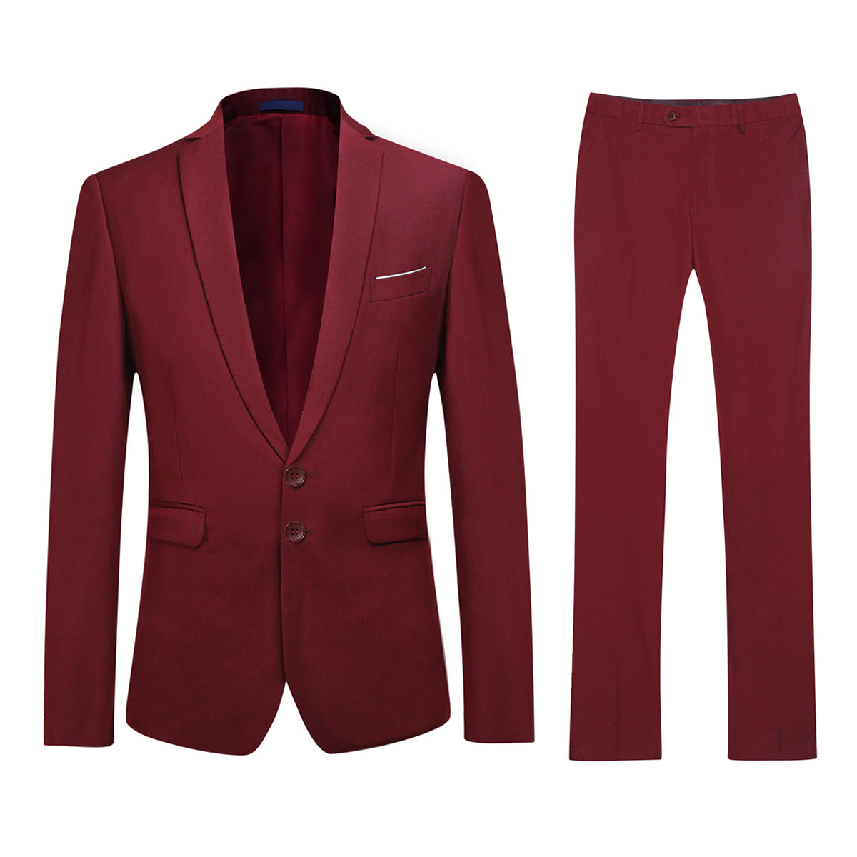 Wine Red # Men's slim fit 2-piece suit with two-button peaked lapel and four-button cuffs, wine red formal blazer jacket with matching flat-front trousers and extended waist strap, elegant polyester viscose blend business wear for office, wedding, prom and daily occasions, isolated on white background.