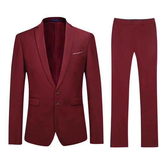 Wine Red # Men's slim fit 2-piece suit with two-button peaked lapel and four-button cuffs, wine red formal blazer jacket with matching flat-front trousers and extended waist strap, elegant polyester viscose blend business wear for office, wedding, prom and daily occasions, isolated on white background.