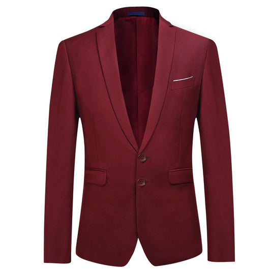 Wine Red # Men's slim fit 2-piece suit with two-button peaked lapel and four-button cuffs, wine red formal blazer jacket with matching flat-front trousers and extended waist strap, elegant polyester viscose blend business wear for office, wedding, prom and daily occasions, isolated on white background.