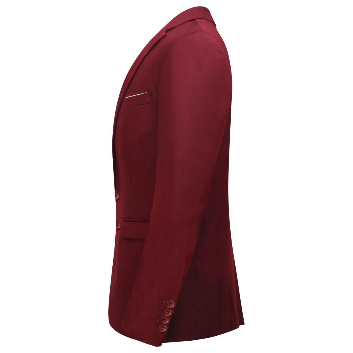 Wine Red # Men's slim fit 2-piece suit with two-button peaked lapel and four-button cuffs, wine red formal blazer jacket with matching flat-front trousers and extended waist strap, elegant polyester viscose blend business wear for office, wedding, prom and daily occasions, isolated on white background.
