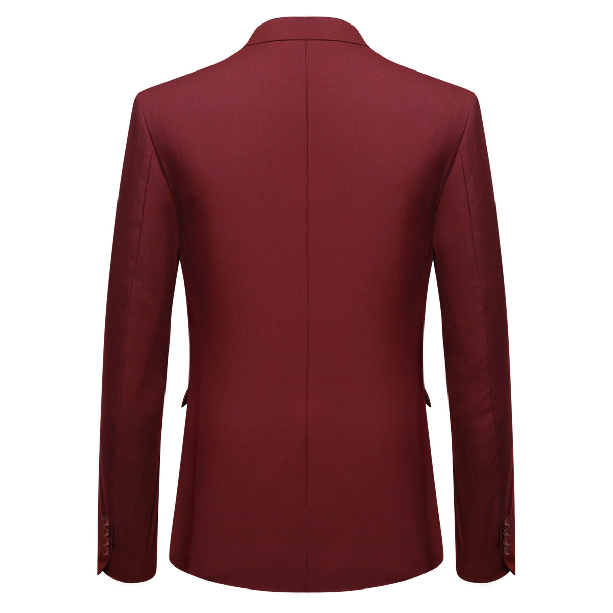 Wine Red # Men's slim fit 2-piece suit with two-button peaked lapel and four-button cuffs, wine red formal blazer jacket with matching flat-front trousers and extended waist strap, elegant polyester viscose blend business wear for office, wedding, prom and daily occasions, isolated on white background.