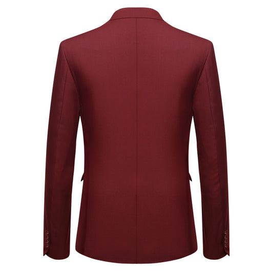 Wine Red # Men's slim fit 2-piece suit with two-button peaked lapel and four-button cuffs, wine red formal blazer jacket with matching flat-front trousers and extended waist strap, elegant polyester viscose blend business wear for office, wedding, prom and daily occasions, isolated on white background.