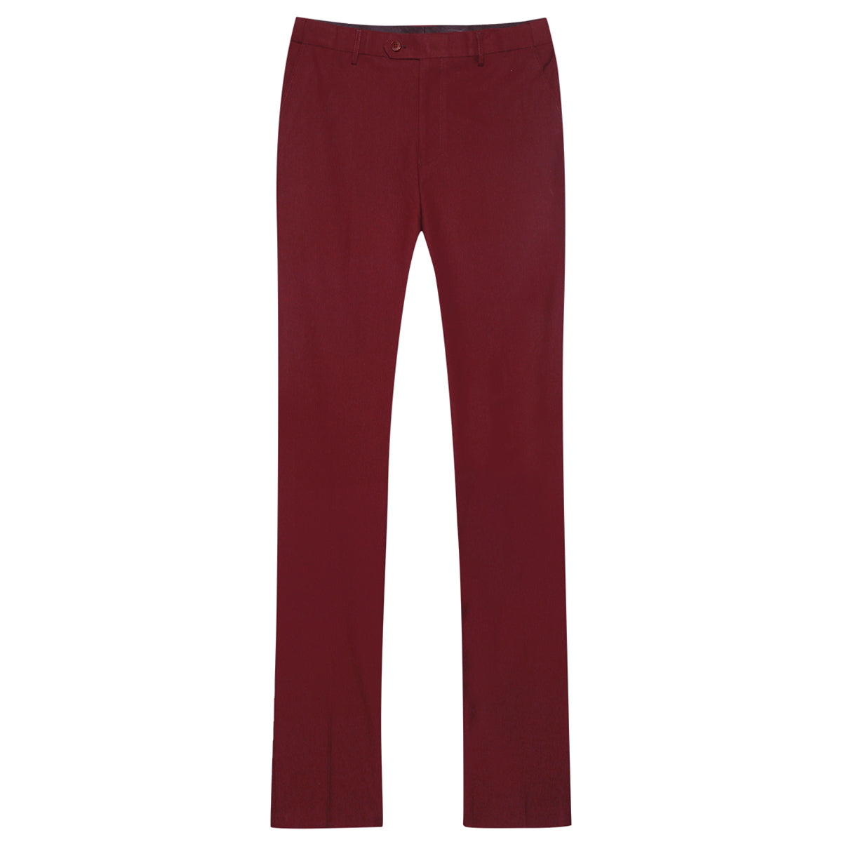 Wine Red # Men's slim fit 2-piece suit with two-button peaked lapel and four-button cuffs, wine red formal blazer jacket with matching flat-front trousers and extended waist strap, elegant polyester viscose blend business wear for office, wedding, prom and daily occasions, isolated on white background.