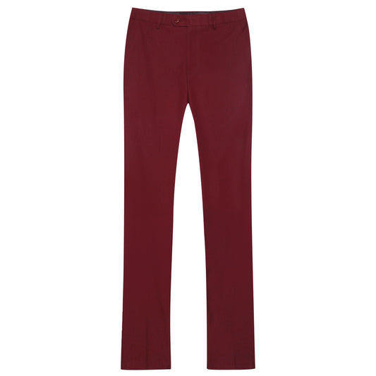 Wine Red # Men's slim fit 2-piece suit with two-button peaked lapel and four-button cuffs, wine red formal blazer jacket with matching flat-front trousers and extended waist strap, elegant polyester viscose blend business wear for office, wedding, prom and daily occasions, isolated on white background.