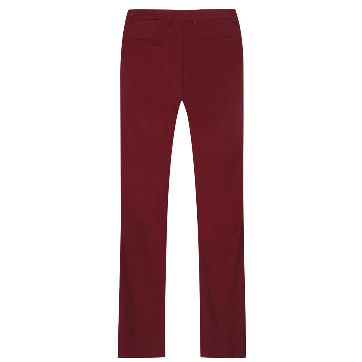 Wine Red # Men's slim fit 2-piece suit with two-button peaked lapel and four-button cuffs, wine red formal blazer jacket with matching flat-front trousers and extended waist strap, elegant polyester viscose blend business wear for office, wedding, prom and daily occasions, isolated on white background.