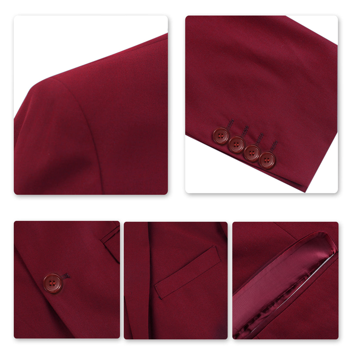 Wine Red # Men's slim fit 2-piece suit with two-button peaked lapel and four-button cuffs, wine red formal blazer jacket with matching flat-front trousers and extended waist strap, elegant polyester viscose blend business wear for office, wedding, prom and daily occasions, isolated on white background.