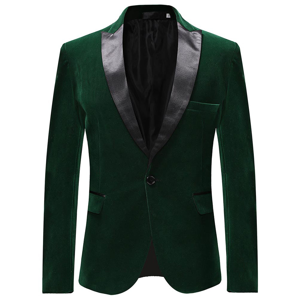 Green # Men's slim fit velvet tuxedo blazer with satin peaked lapel and single-breasted button closure, green formal pleuche jacket with three-button cuffs and fully lined interior, elegant polyester spandex velvet coat for wedding, prom, party and formal occasions, isolated on white background.