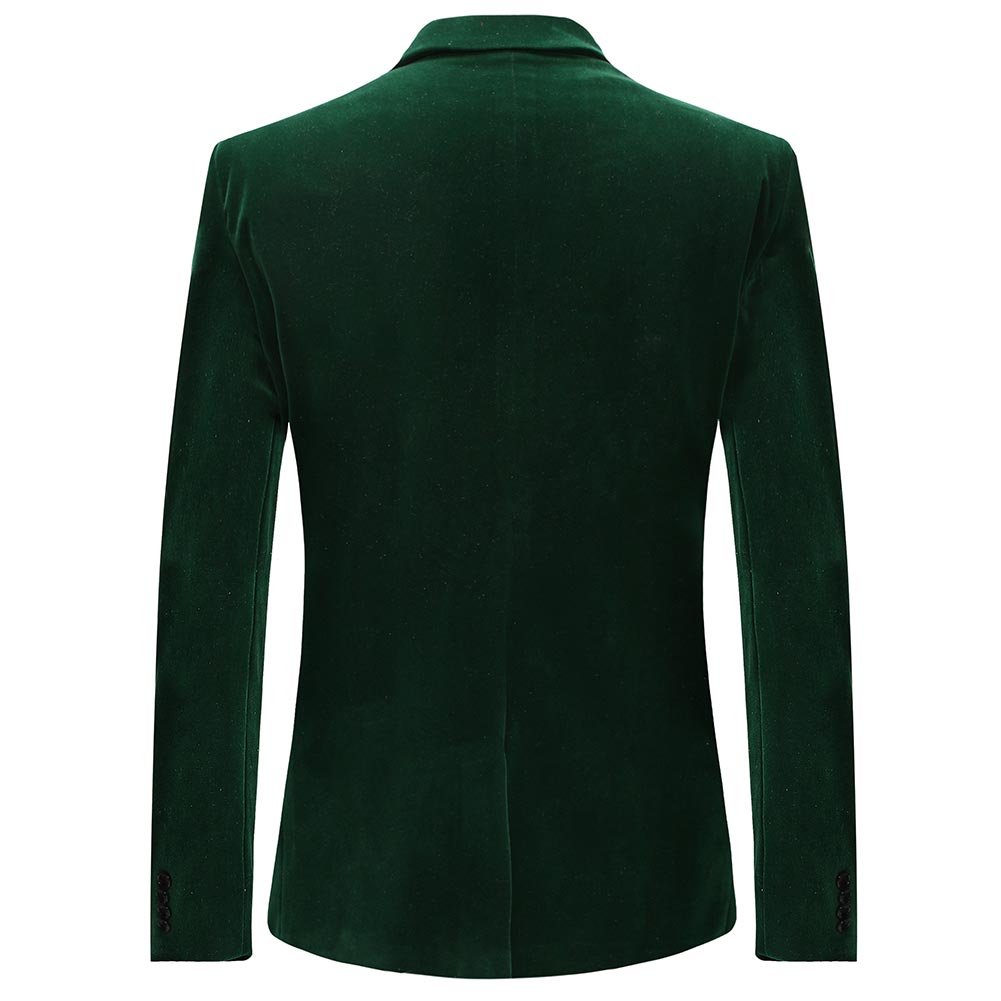 Green # Men's slim fit velvet tuxedo blazer with satin peaked lapel and single-breasted button closure, green formal pleuche jacket with three-button cuffs and fully lined interior, elegant polyester spandex velvet coat for wedding, prom, party and formal occasions, isolated on white background.