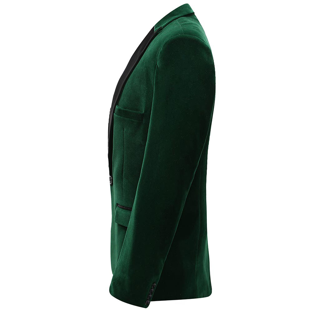 Green # Men's slim fit velvet tuxedo blazer with satin peaked lapel and single-breasted button closure, green formal pleuche jacket with three-button cuffs and fully lined interior, elegant polyester spandex velvet coat for wedding, prom, party and formal occasions, isolated on white background.