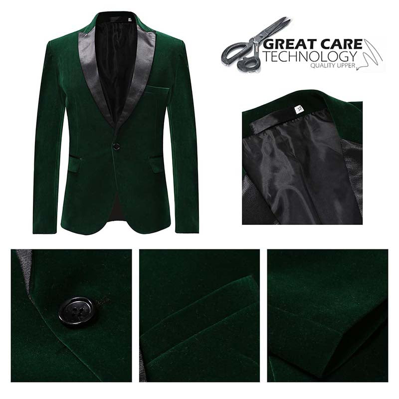 Green # Men's slim fit velvet tuxedo blazer with satin peaked lapel and single-breasted button closure, green formal pleuche jacket with three-button cuffs and fully lined interior, elegant polyester spandex velvet coat for wedding, prom, party and formal occasions, isolated on white background.