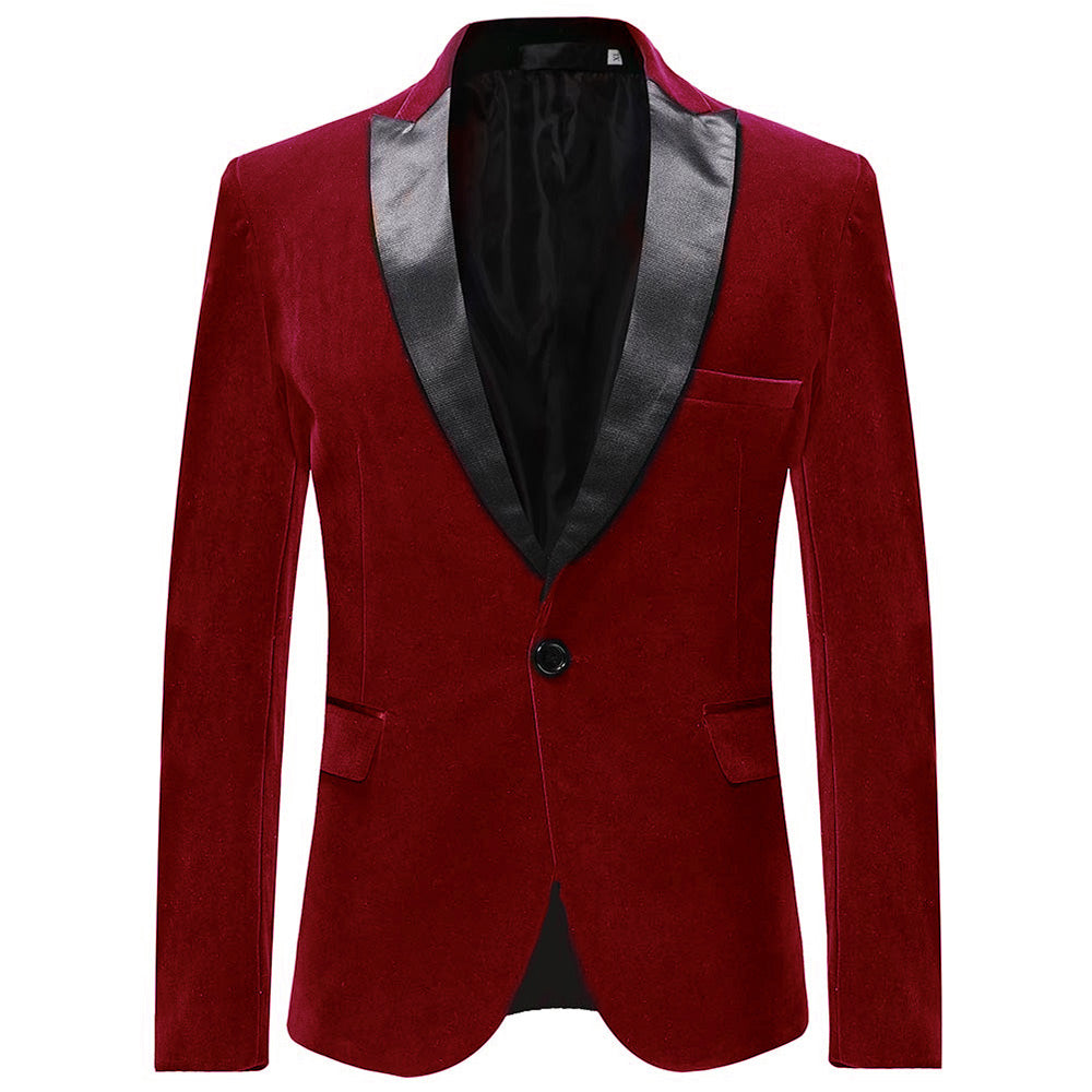 Maroon # Men's slim fit velvet fashion blazer with satin peaked lapel and single-breasted button closure, maroon pleuche tuxedo jacket with 3-button cuffs and fully lined interior, soft stretchy polyester spandex formal coat for party, prom, wedding, banquet and special occasions, isolated on white background.