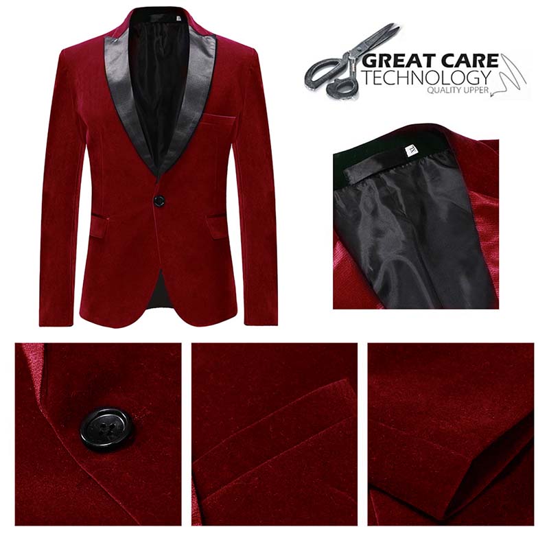 Maroon # Men's slim fit velvet fashion blazer with satin peaked lapel and single-breasted button closure, maroon pleuche tuxedo jacket with 3-button cuffs and fully lined interior, soft stretchy polyester spandex formal coat for party, prom, wedding, banquet and special occasions, isolated on white background.