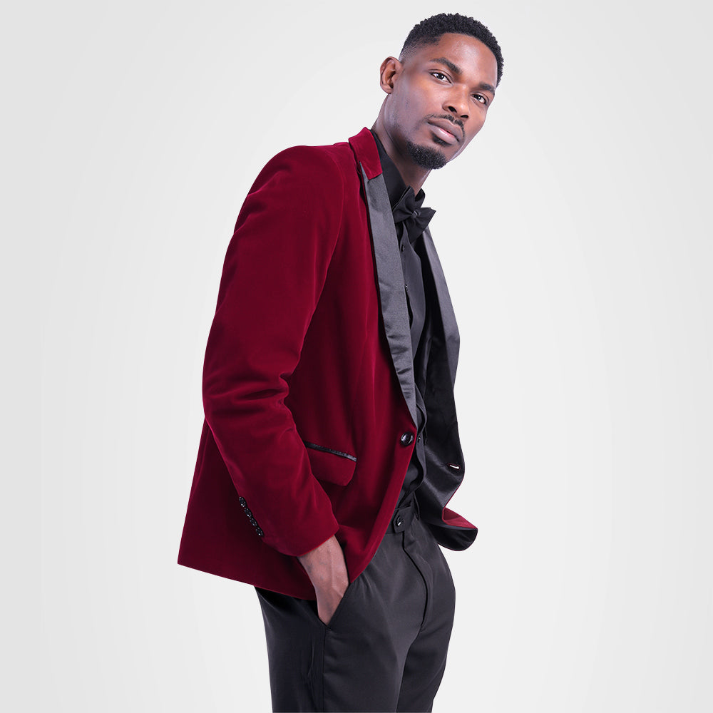 Maroon # Men's slim fit velvet fashion blazer with satin peaked lapel and single-breasted button closure, maroon pleuche tuxedo jacket with 3-button cuffs and fully lined interior, soft stretchy polyester spandex formal coat for party, prom, wedding, banquet and special occasions, isolated on white background.