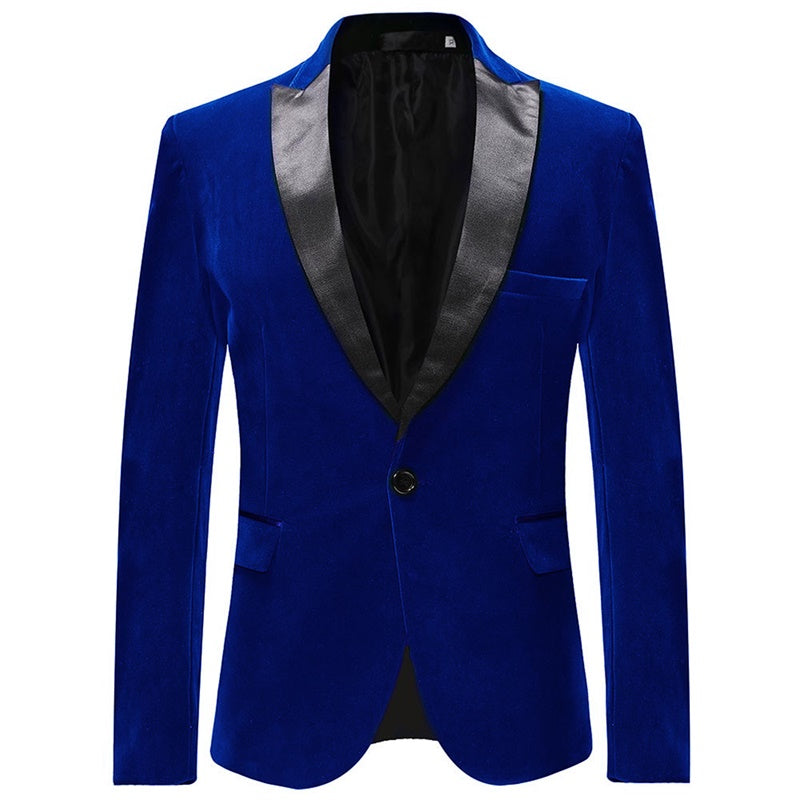 Blue # Men's slim fit velvet tuxedo jacket with satin peaked lapel and single-breasted button closure, blue formal blazer with three-button cuffs and fully lined interior, elegant velvet polyester spandex blend coat for prom, wedding, party and formal events, isolated on white background.