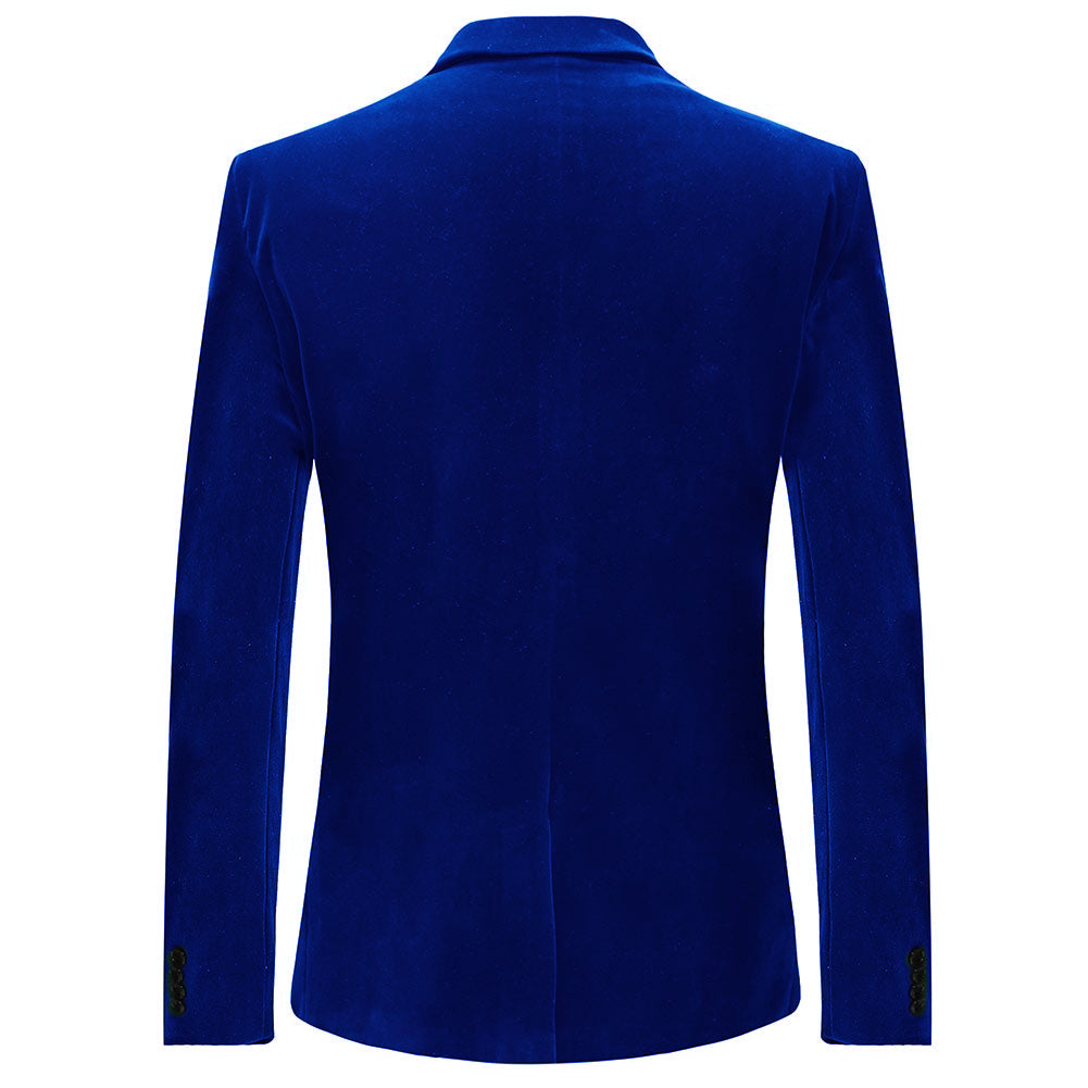 Blue # Men's slim fit velvet tuxedo jacket with satin peaked lapel and single-breasted button closure, blue formal blazer with three-button cuffs and fully lined interior, elegant velvet polyester spandex blend coat for prom, wedding, party and formal events, isolated on white background.