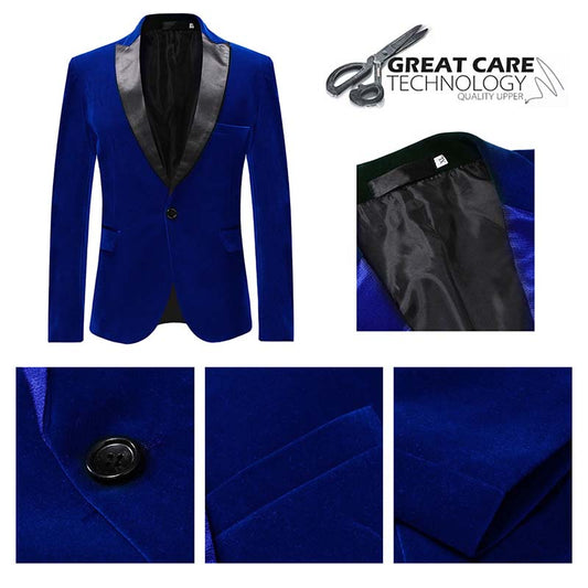 Blue # Men's slim fit velvet tuxedo jacket with satin peaked lapel and single-breasted button closure, blue formal blazer with three-button cuffs and fully lined interior, elegant velvet polyester spandex blend coat for prom, wedding, party and formal events, isolated on white background.