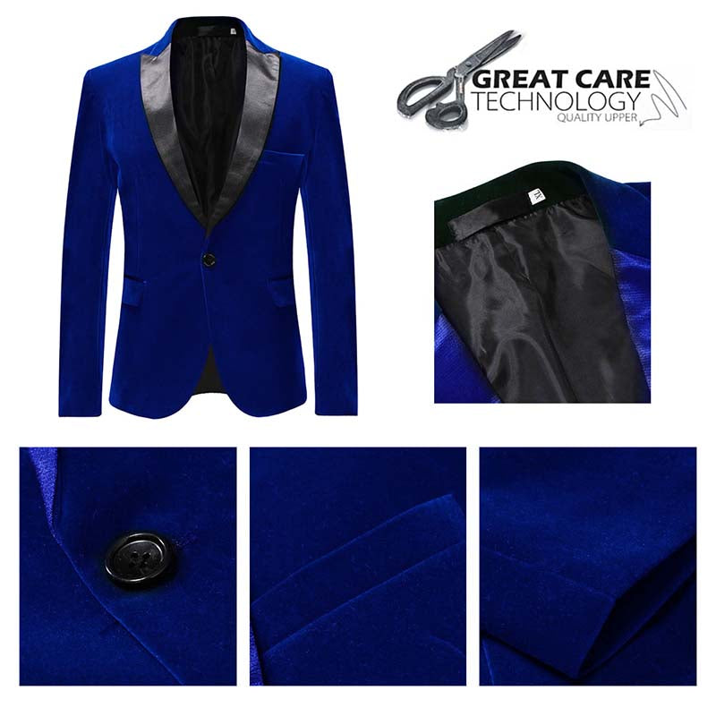 Blue # Men's slim fit velvet tuxedo jacket with satin peaked lapel and single-breasted button closure, blue formal blazer with three-button cuffs and fully lined interior, elegant velvet polyester spandex blend coat for prom, wedding, party and formal events, isolated on white background.