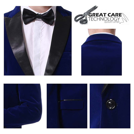 Blue # Men's slim fit velvet tuxedo jacket with satin peaked lapel and single-breasted button closure, blue formal blazer with three-button cuffs and fully lined interior, elegant velvet polyester spandex blend coat for prom, wedding, party and formal events, isolated on white background.