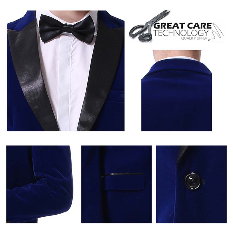 Blue # Men's slim fit velvet tuxedo jacket with satin peaked lapel and single-breasted button closure, blue formal blazer with three-button cuffs and fully lined interior, elegant velvet polyester spandex blend coat for prom, wedding, party and formal events, isolated on white background.
